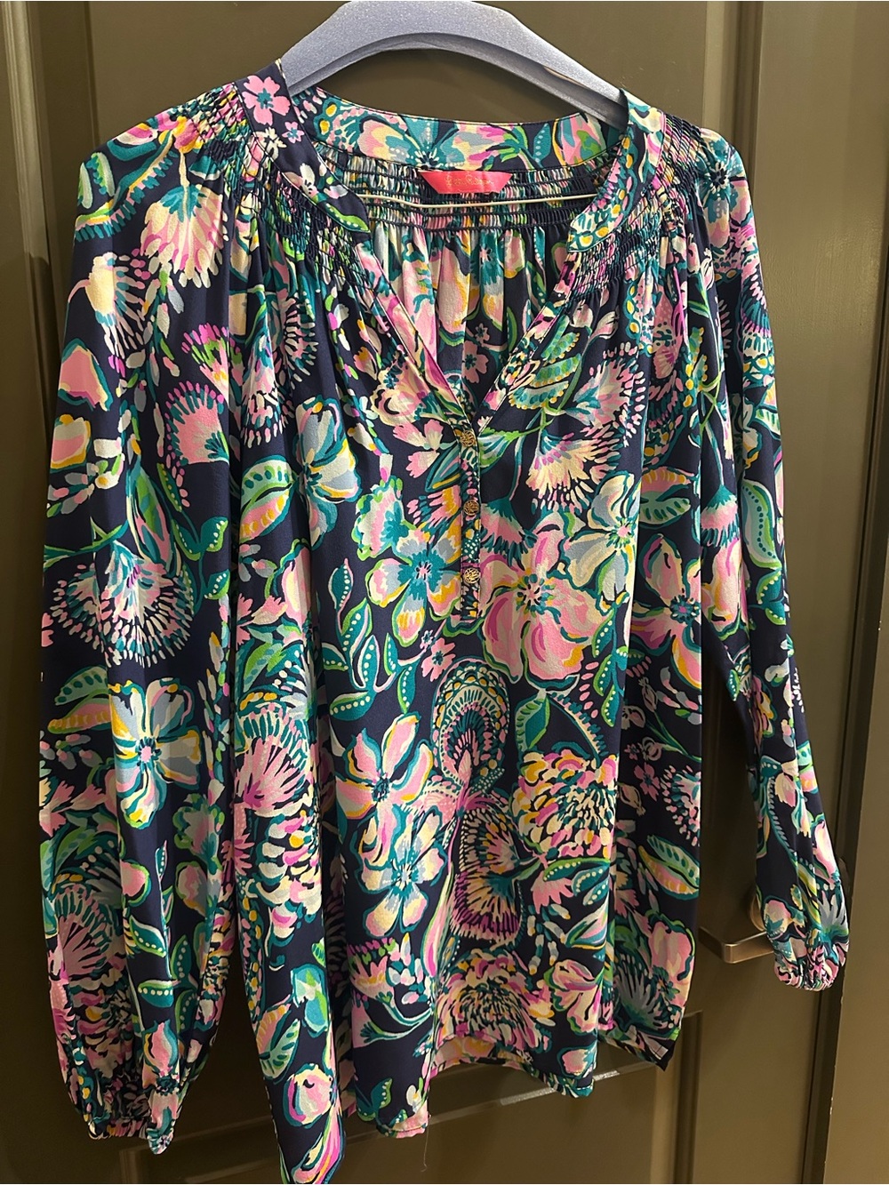 Lilly Pulitzer Navy Floral Peasant Top with Pink & Green Accents